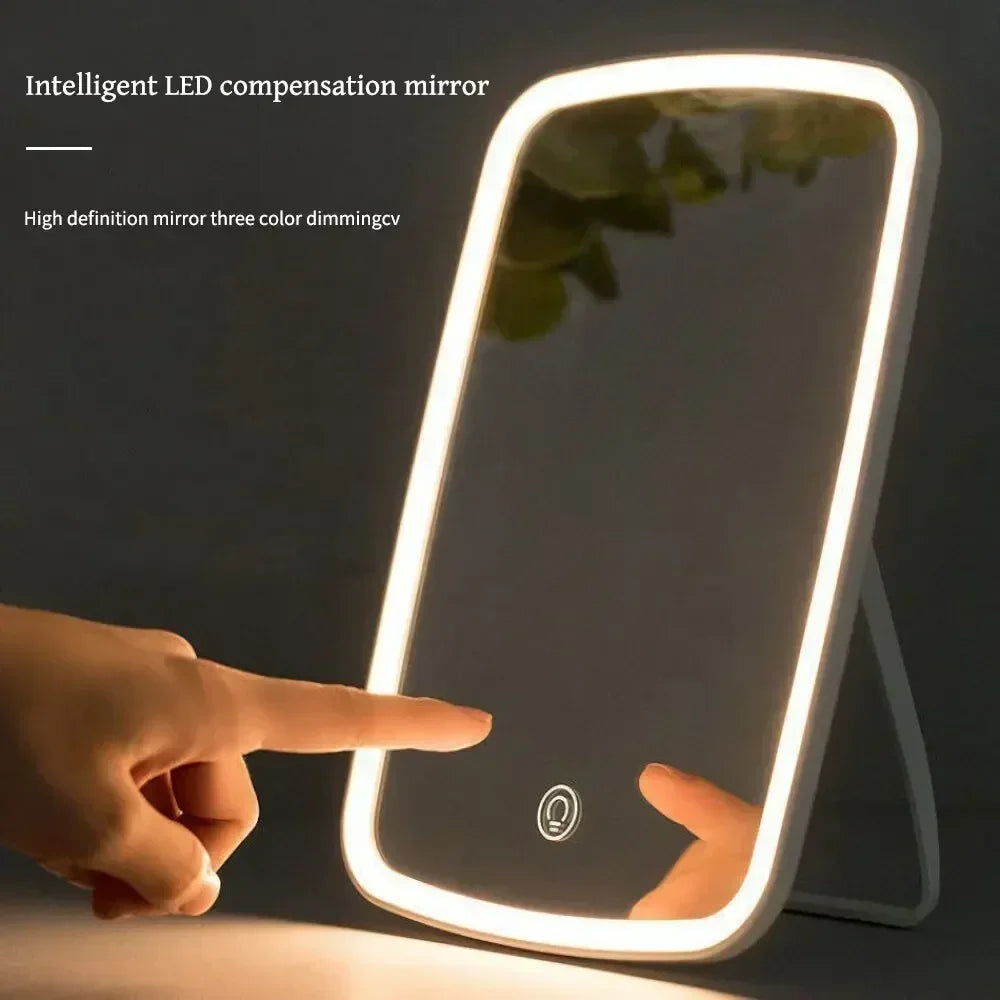 LED Foldable Makeup Mirror – Rechargeable, Rotating & Portable with Touch Control