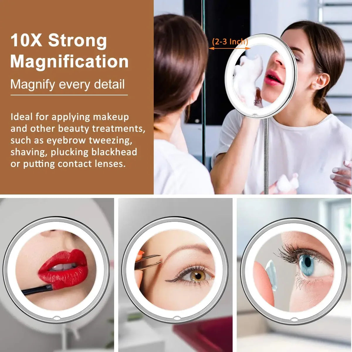 Flexible 10x Magnifying LED Vanity Mirror – Adjustable, Lighted Makeup Mirror with Suction Base