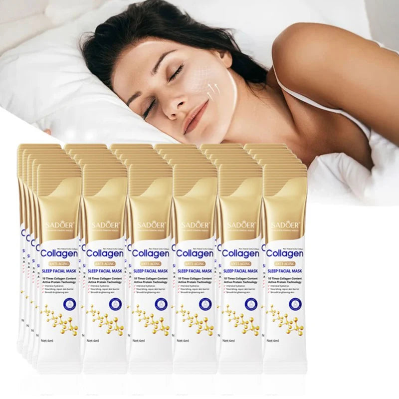 Stack of 30 collagen sleeping masks with a creamy texture, highlighting their hydrating, brightening, and firming skincare benefits.