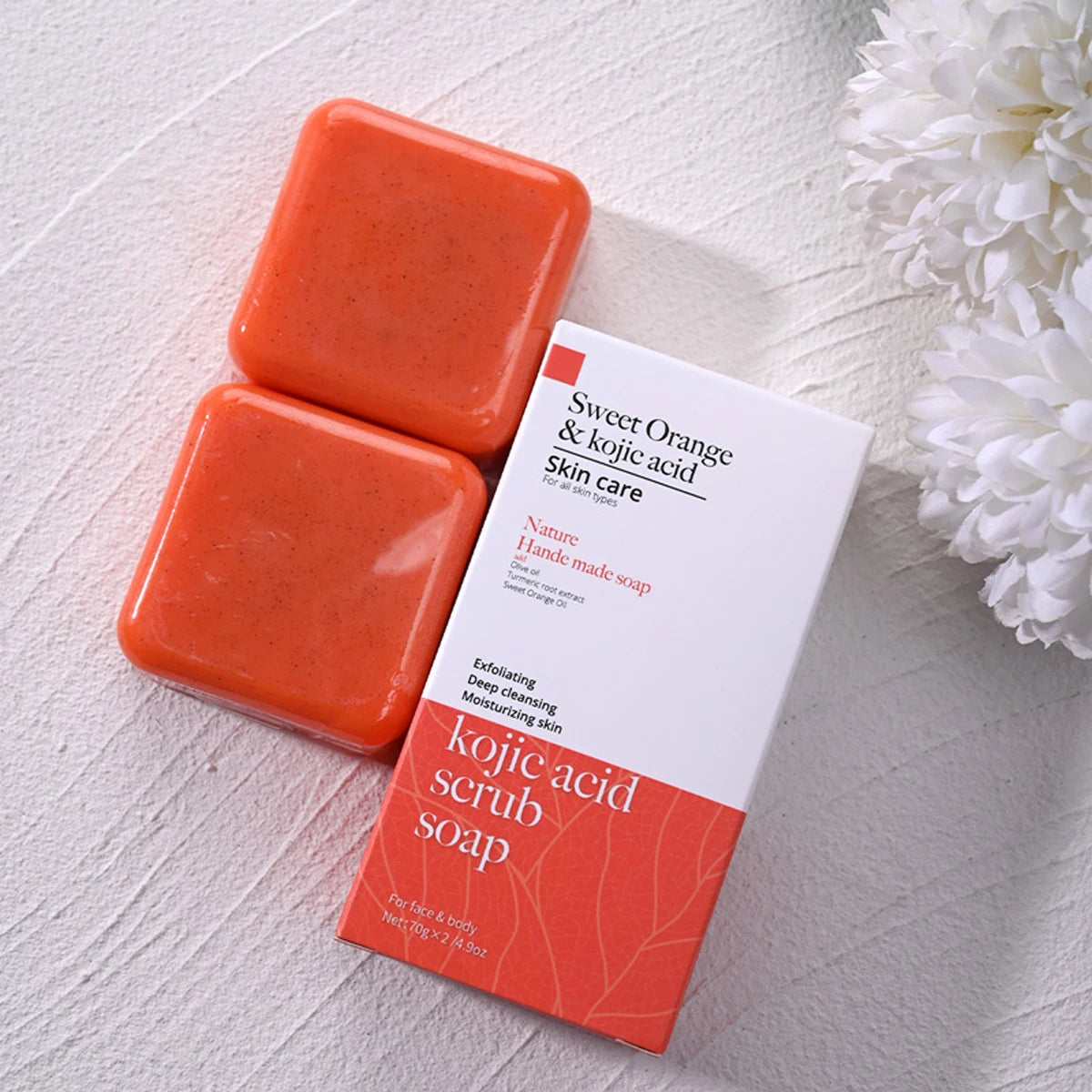 🍊 Kojic Acid Scrub Soap – Orange Fragrance Body & Face Wash with Papaya Extract for Skin Brightening & Exfoliation! 🌿