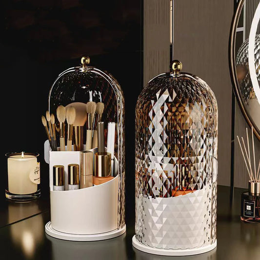 Diamond Birdcage 360° Rotating Makeup Brush Holder – Dustproof Cosmetic Organizer with Lid