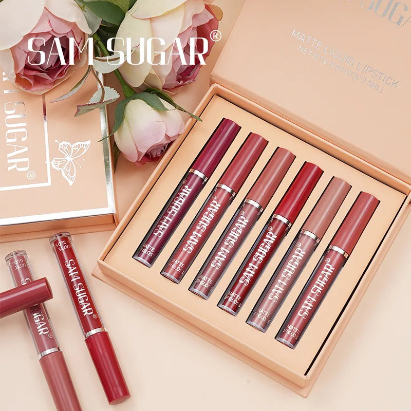 💋 6pc Matte Liquid Lipstick Set 💄 – Long-Lasting Lip Stain, Non-Stick Cup, Nude Shades, Perfect Makeup Gift Box! 🎁