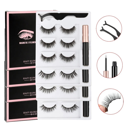 Magnetic Eyelashes Set – 1 Pair Natural Long Soft Mink Lashes with Waterproof Liquid Eyeliner & Tweezer