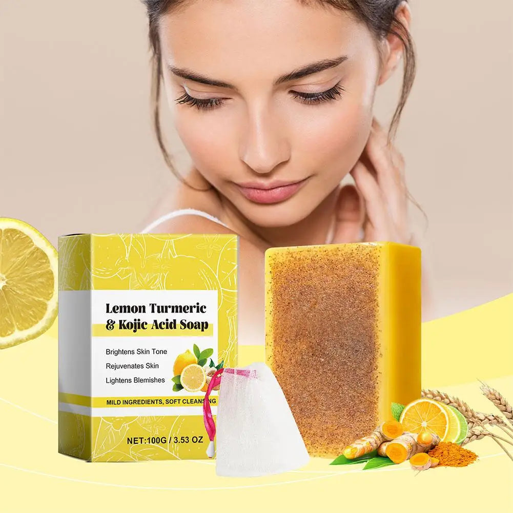 Lemon & Turmeric Kojic Acid Soap Bar – Brightening & Firming Face & Body Wash for Glowing Skin