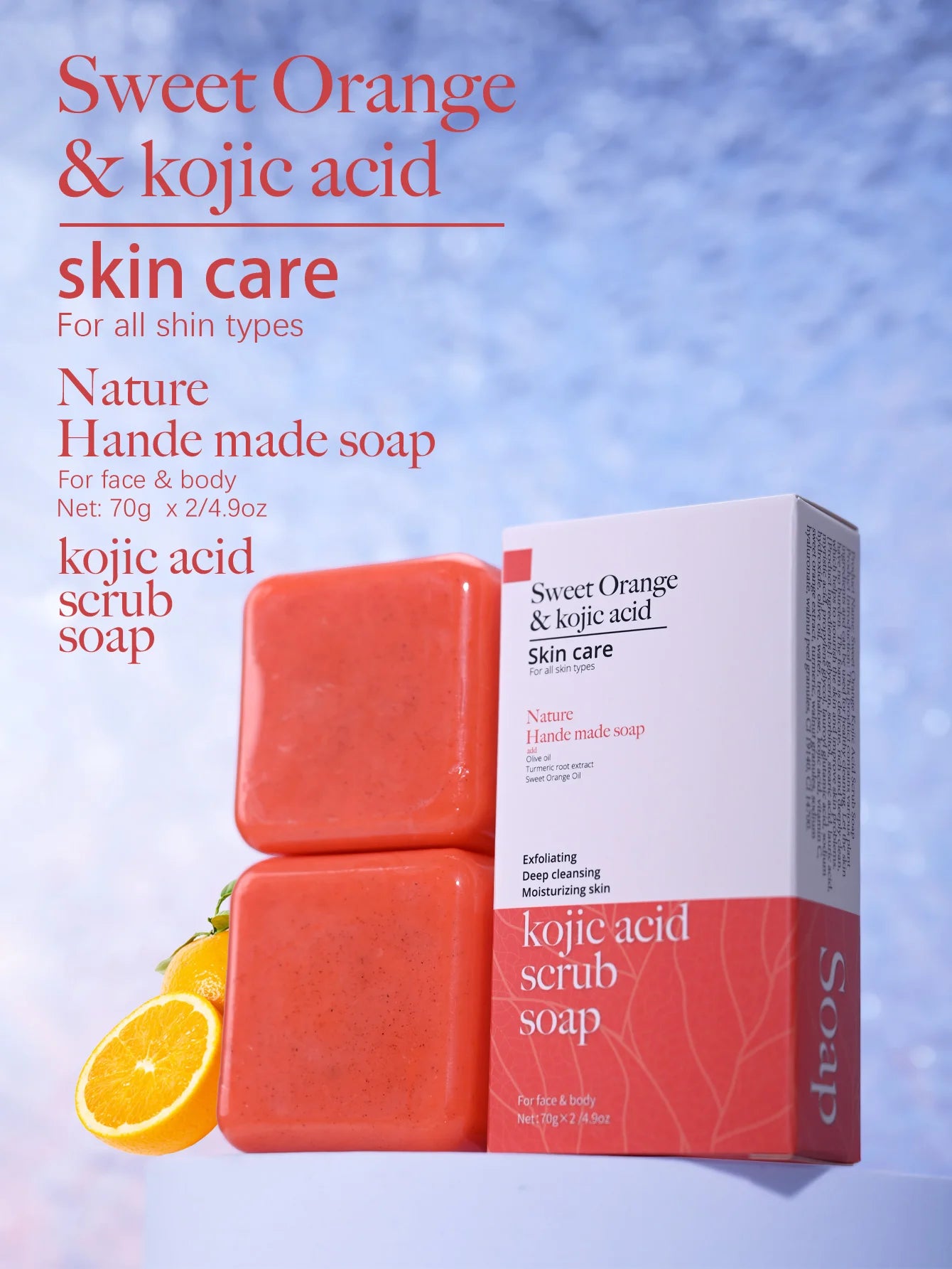 🍊 Kojic Acid Scrub Soap – Orange Fragrance Body & Face Wash with Papaya Extract for Skin Brightening & Exfoliation! 🌿