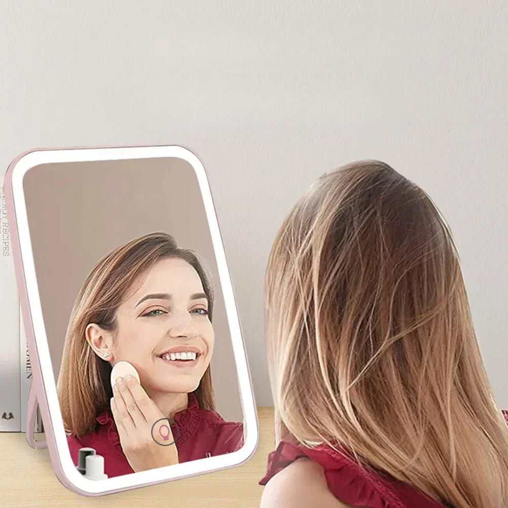 LED Foldable Makeup Mirror – Rechargeable, Rotating & Portable with Touch Control