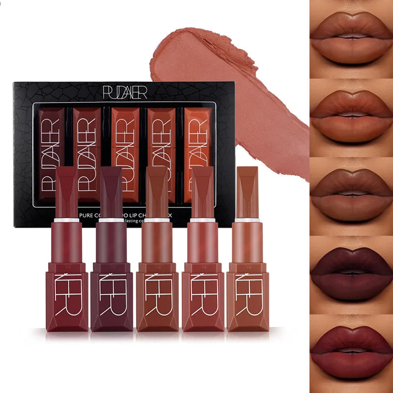 ✨ 5Pcs/Box Velvet Matte Lipstick Kit 💄 – Nude Lip Stick Makeup, Foggy Matte Tint, & Lip Balm Cream! 💋