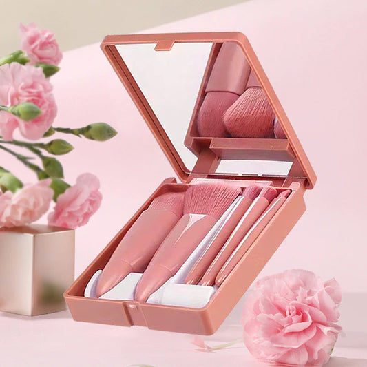 ✨ 5-Piece Portable Makeup Brush Set with Travel Mirror Box – Blush, Eyeshadow, Loose Powder Brushes & More! ✨