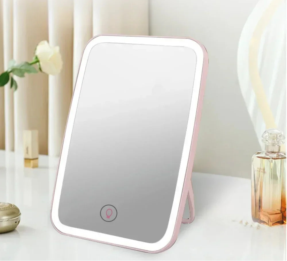 LED Foldable Makeup Mirror – Rechargeable, Rotating & Portable with Touch Control