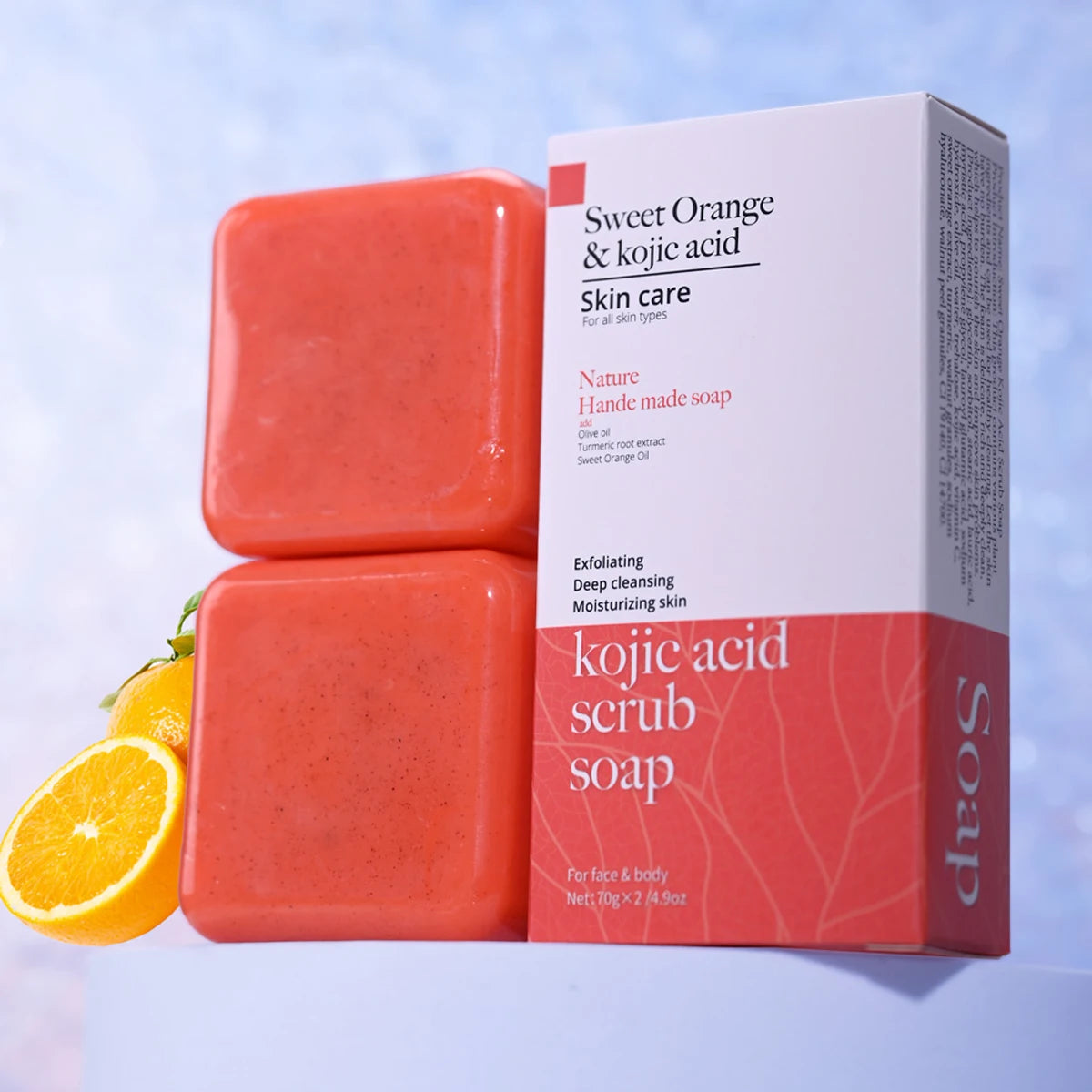 🍊 Kojic Acid Scrub Soap – Orange Fragrance Body & Face Wash with Papaya Extract for Skin Brightening & Exfoliation! 🌿